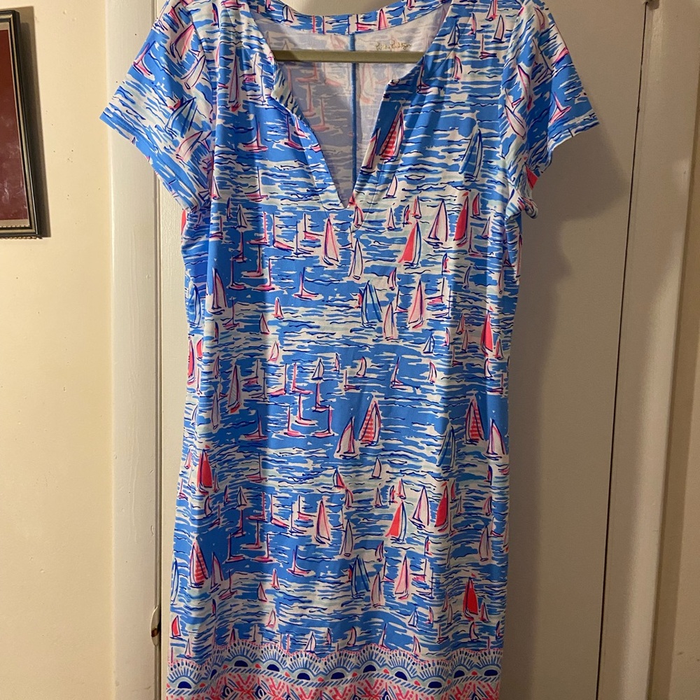 Lilly Pulitzer Blue Sailboat-Print Coverup with Pink Accents